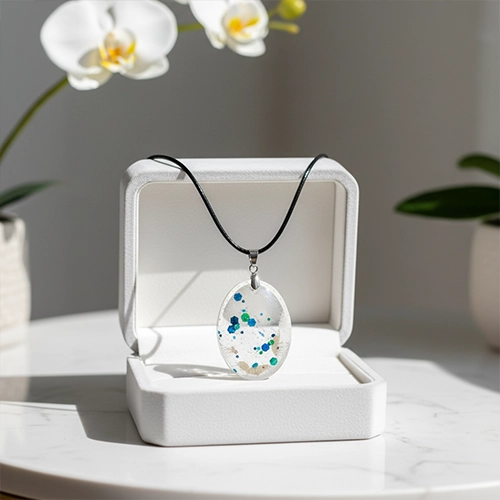 Collier pendentif en résine avec éclats de verre décoratifs