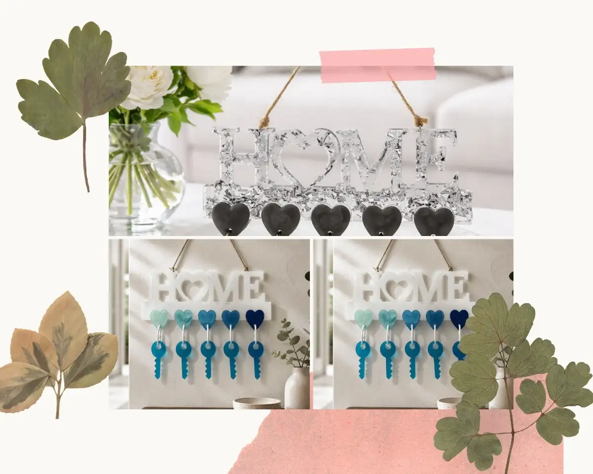 Porte-clés mural HOME en résine – Décoration cœur argent – Fait main – Idée cadeau maison / entrée