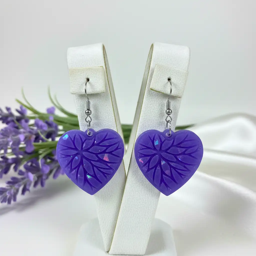 Boucles d’oreilles cœur Lavande holographique