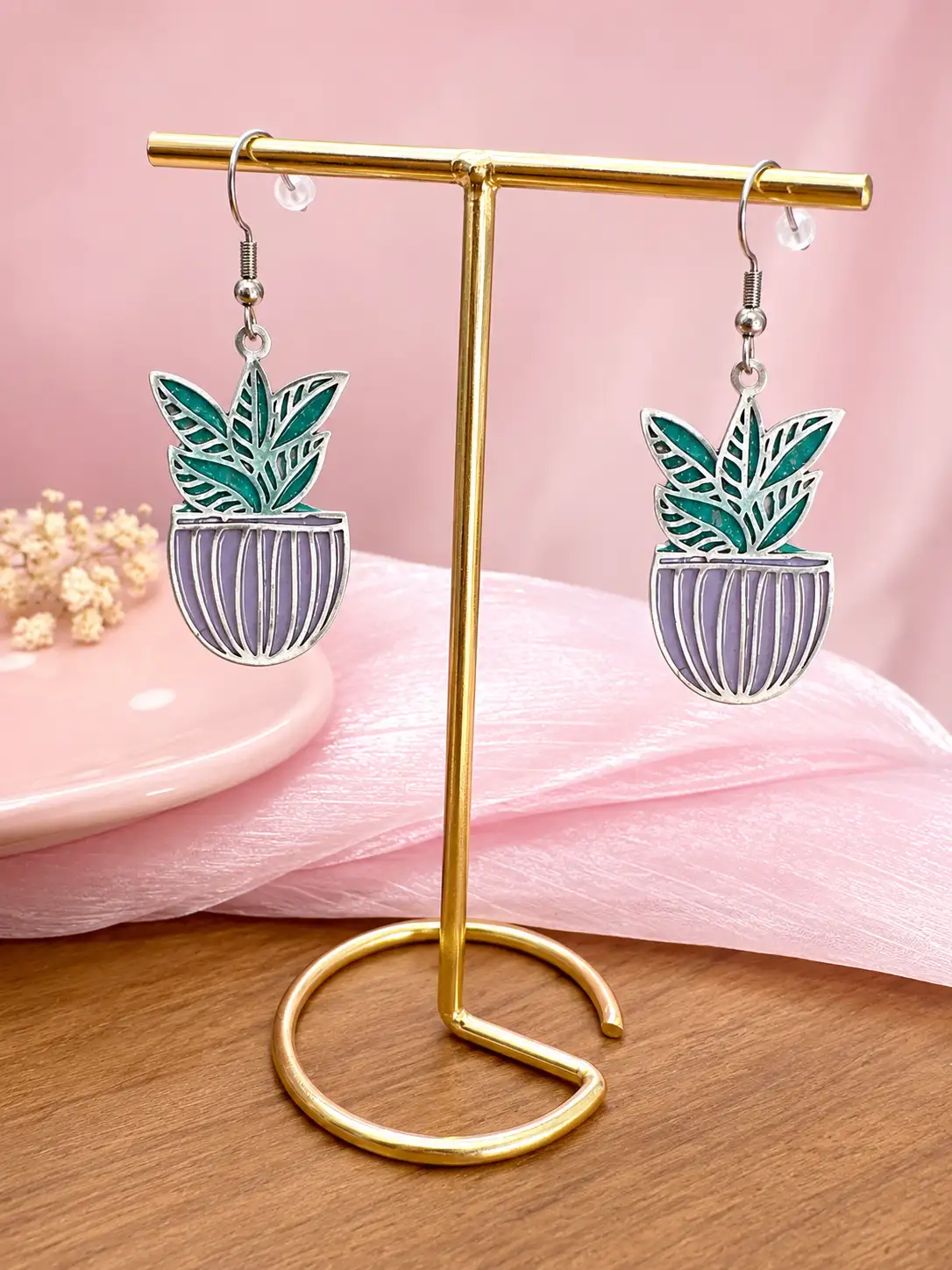 Boucles d'oreilles artisanale "Feur boheme" en Acier inoxydable, résine et similicuir
